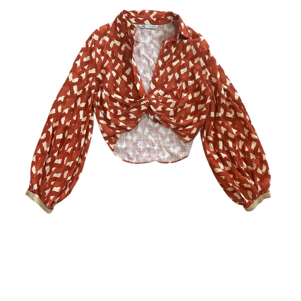 Zara Cropped Blouse Size S Brown Tan Long Sleeves Beaded Cuffs Plunge Neck